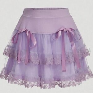 Women's Double-Layered Mesh Skirt With Bow Decoration And Ruffled Hem